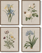 Framed Vintage Botanical Wall Art, 4 Piece Rustic Floral Painting Canvas Prints for Living Room Bedroom Dining Room Kitchen Hallway, Flower Butterfly Pictures for Farmhouse Wall Decor, 12x16 Inch