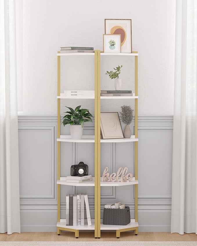 Hzuaneri Corner Shelf Stand, Corner Bookshelf, Storage Standing Shelf Unit with Metal Frame, Plant Stand, Bookcase for Living Room, Home Office, Bedroom, 5-Tier White Gold CS05903A