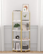 Hzuaneri Corner Shelf Stand, Corner Bookshelf, Storage Standing Shelf Unit with Metal Frame, Plant Stand, Bookcase for Living Room, Home Office, Bedroom, 5-Tier White Gold CS05903A