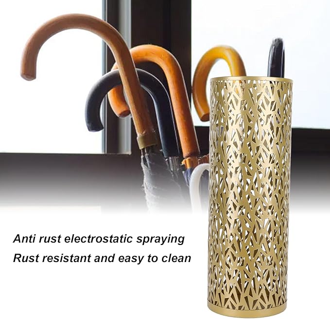 BEIJIALY Metal Umbrella Holder, Umbrella Stand Rack for Entryway, Metal Hollowed Freestanding Round Umbrella Holder Organizer Bin for Home Hotel Office Decor(Gold Medium)