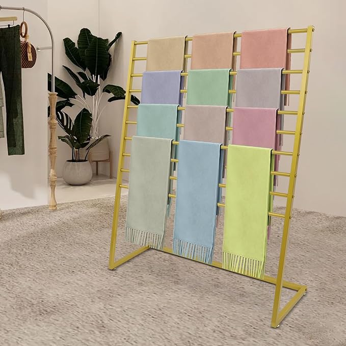 Scarf Organizer, Metal Hijab Organizer, 10 Tier Scarf Holder Hanger for Multiple Scarves, Freestanding Hijab Stand Belt Pants Hanging Rack for Home, Commercial, Clothing Store (Gold, 120cm)