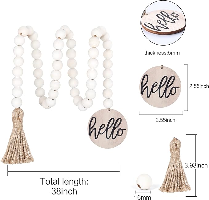 Meplait Hello Wooden Bead Garland with Tassel, Decorative Beads Home Decor Farmhouse Tassel Garland Boho Decor for Tiered Tray（38in）