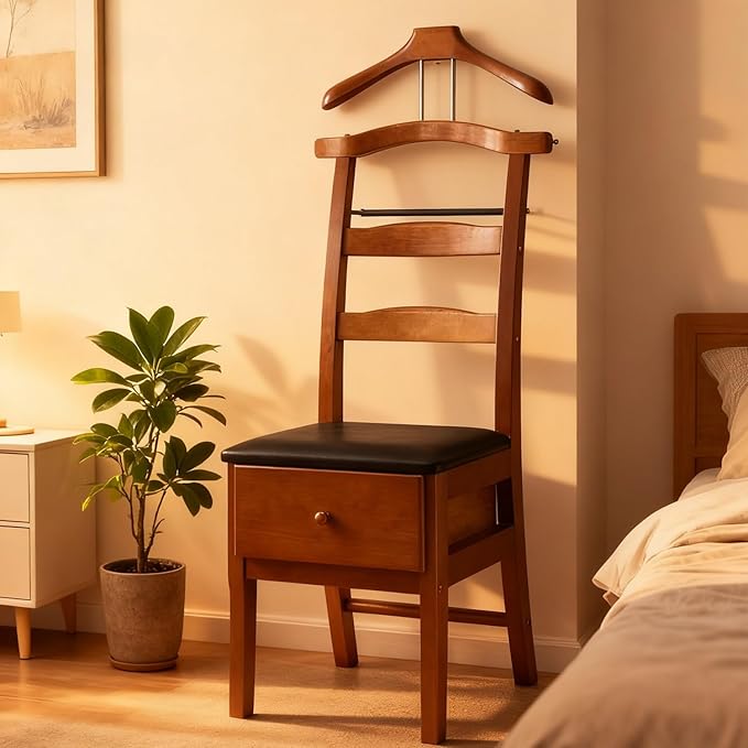 Brown Valet Stand with Office Chair Hanger & Drawer - Men's Accessory Organizer for Clothes, Watches, Keys & More