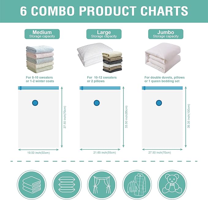 Cozy Essential Vacuum Storage Bags, Compression Space Saver Bags for Clothes, Comforters, Blankets, Pillow, Bedding, Sealer Clothing Storage,6 Combo