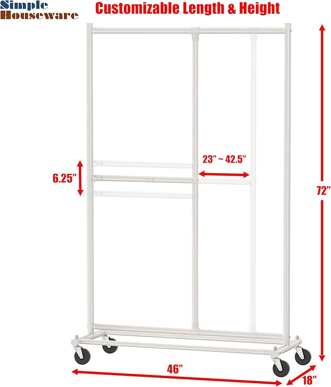 Simple Houseware Dual Bar Adjustable Clothing Garment Rack, 72 Inches Height, White