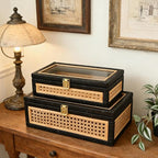 Black Rattan Decorative Storage Boxes with Glass Lids – Set of 2 Ribbed Wood Display Cases with Cane Weave & Solid Base – Nesting Coffee Table Organizer for Boho Chic Home Decor, Keepsakes