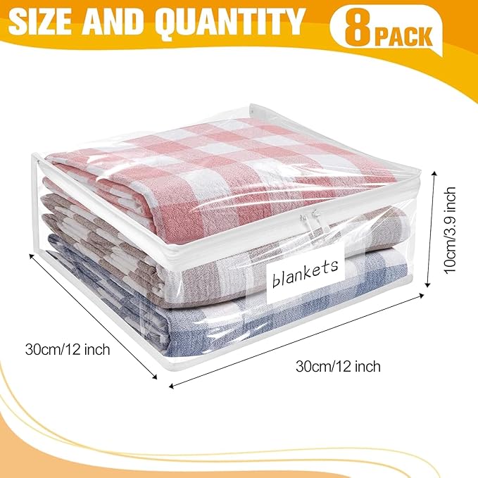 Kikerike Plastic Storage Bags with Easy-Glide Zipper, Pack of 8, Durable Clear Vinyl Zippered Storage Bags for Clothes Sweaters Comforters Blankets Sheets Bedding (12 x 12 x 3.9 Inch)
