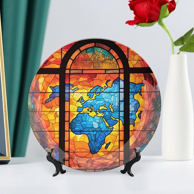 Decorative Plates, Old Globe Map Stained Glass Print Display Plate for Home Office Kitchen Table Decor Porcelain Plates 10 Inch, Gifts for Adventure Lover Wanderlust