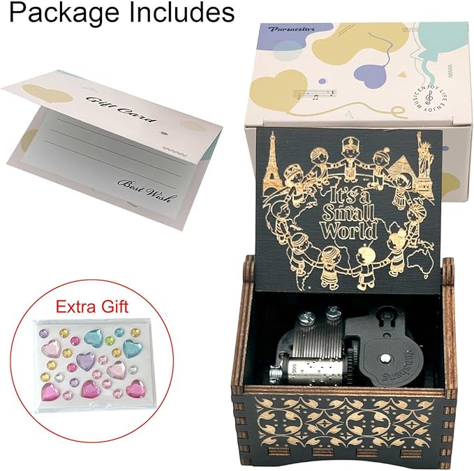 Pursuestar Black Wooden Wind Up Music Box - It's a Small World, Vintage Engraved Wood Mechanism Musical Gifts for Anniversary Mother's Day Valentine's Day Christmas Thanksgiving Birthday