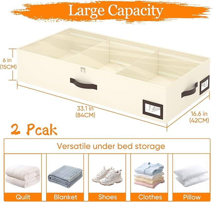 OIAHOMY 2 Pack Under Bed Storage, 6 Inch High Under Bed Storage Containers with Adjustable Dividers, Dual Zippers, &Clear Lid, 53L Under Bed Drawers For Clothes, Blankets, Clothing, & Shoes, Beige