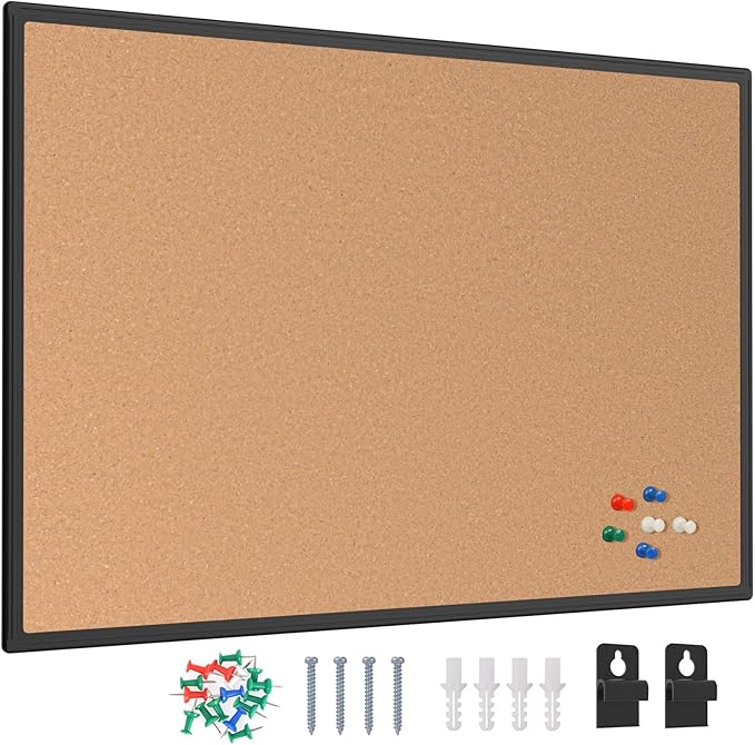 Cork Board Bulletin Board 20 x 30, Black Aluminium Framed Corkboard, Office Board for Wall Cork, Large Wall Mounted Notice Pin Board with 16 Push Pins for School, Home & Office