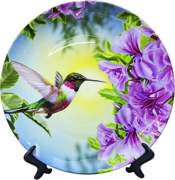 ALALAL 10 inch Bird Hummingbird Pink&Purple Flowers Decorative Plate Decorative Ceramic Plates Home Wobble-Plate with Display Stand Decoration Household Plates Decorative