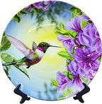 ALALAL 10 inch Bird Hummingbird Pink&Purple Flowers Decorative Plate Decorative Ceramic Plates Home Wobble-Plate with Display Stand Decoration Household Plates Decorative