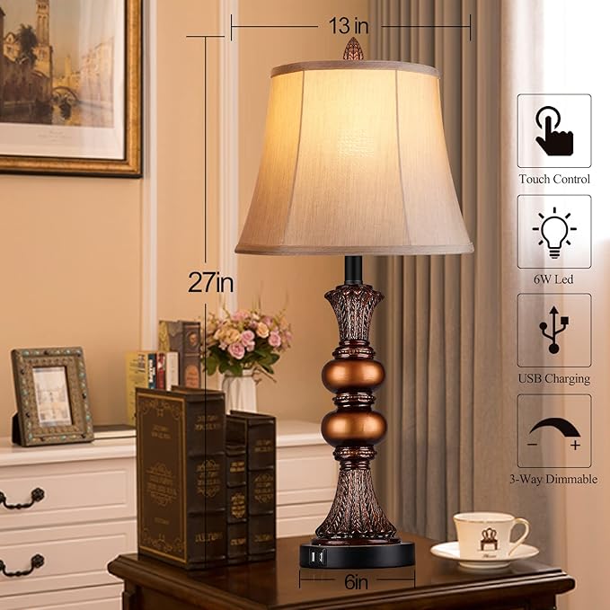 Set of 2 Touch Control Traditional Table Lamp, 27"H Bedside Lamps with 2 USB Charging Ports, 3-Way Dimmable Bronze Finish Large Nightstand Lamps with Bell Faux Silk Shade for Living Room, Bedroom