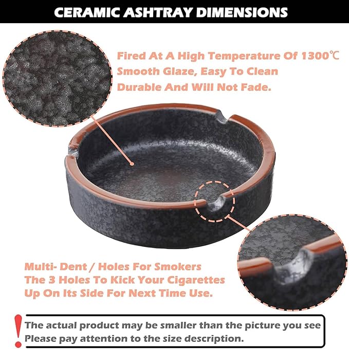 Ceramic Ashtray Stylish Indoor & Outdoor Cigarette Ashtray for Home, Coffee Bars, and Patios，Lava Dazzling Black (2PCS)