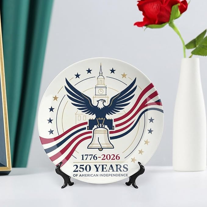250th Anniversary Decorative Plates 8 Inch Patriotic Decorations Eagle Liberty Bell Commemorative Plates with Stand Memorial Day 4th of July Veterans Day Home & Office