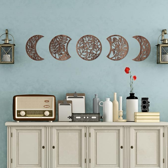 Jetec 5 Pcs Moon Phase Wall Art Decor Wall Pediments Hanging Wooden Phase Spiritual Bedroom Nordic Boho Lunar Aesthetic Art for Living Room Dorm Apartment Ornament(Brown,10.6 Inch,Botanical)