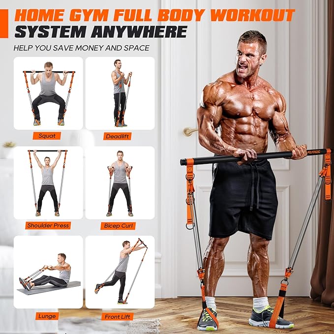 Pilates Bar Kit with Resistance Bands, Heavy Duty Pilates Equipment for Men, Training Bands with Handles for Legs, Hip, Back, Arm, Abs, Chest, Shoulders, Portable Home Gym Workout Equipment