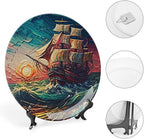 Decorative Plates, Ocean Sailing Ship at Sunset Painting Display Plate for Home Office Kitchen Table Decor Porcelain Plates 10 Inch, Birthday Gifts