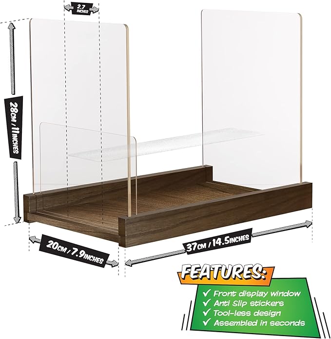 Patented Comic Book Storage Holder – Wooden & Acrylic Display Box/Case for Collectors – Organizer for Comics, Magazines & Books – Holds 150 Issues, 14.5x8 in (Dark Walnut)