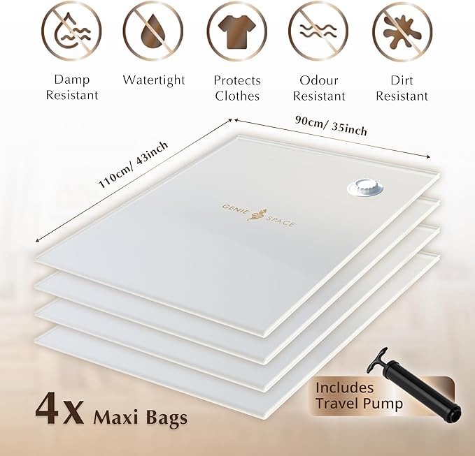 GENIE SPACE XXL Vacuum Storage Bags for Clothes, Bedding and Wardrobes – 43x35 in, Airtight, Reusable and Odor-Proof Space Saver Bags with Double Zipper Seal, 4-Pack with Hand Pump