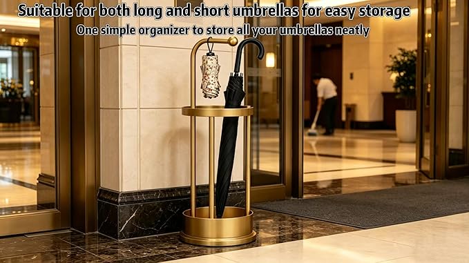 Golden Metal Umbrella Stand, 65cm Freestanding Umbrella Holder with Hooks, Round Base Umbrella Rack for Long & Foldable Umbrellas, Sturdy Iron Umbrella Organizer for Entryway, Home, Office, Hotel