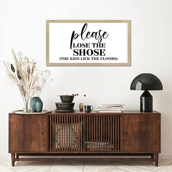 Vintage Style Motivational Quote Wooden Signs with Family Quote Please Lose the Shoes Beige Frame Wooden Plaque for Laundry Room Farmhouse Cottage Porch Wall Decor Birthday Housewarming Gift 12x22in