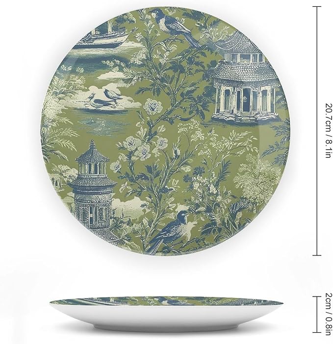 Pagoda Garden Imperial Green Plates Ceramic of 6", 7", 9", 10", Customize Asian Green Chinoiserie Ceramic Craft for Decorative Ornaments, Wall Farmhouse Decorations Wedding, Unique Art with Stand