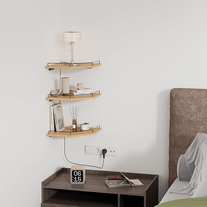 JJL Corner Shelf Wall Mounted, 12 Inches 3-Tier Floating Corner Shelf, Hexagon Rustic Wood Decor with Fence, Natural Wood Grain Storage for Apartment Bedroom Kitchen Bathroom