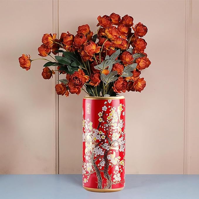 Luxurious Red Ceramic Umbrella Stand, Floor Standing Cane Holder Placed Multi-Functional Painted Porcelain Chinese Umbrella Holder Handmade Appliques Umbrella Stand, for Hotel Office Home Entrance
