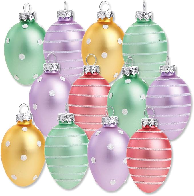 Lillian Vernon Pastel Frost Blown Glass Easter Ornaments - Handcrafted Hanging Tree Decorations, Easter Egg Holiday & Party Decor, 2 in, Assorted, 12-Piece Set