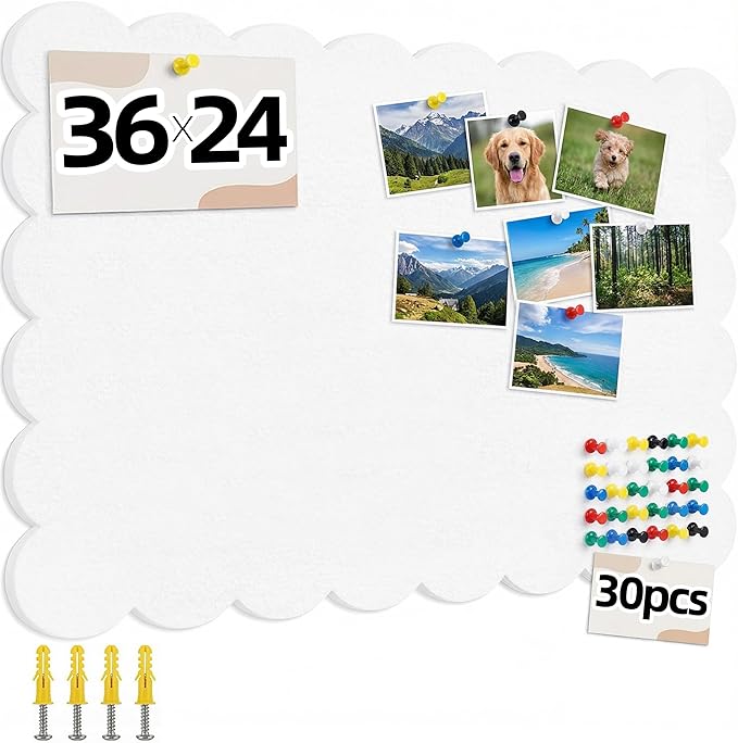Scalloped White Felt Bulletin Board 36x24 Inches - Self-Adhesive Foldable, with 30 Pushpins, Cork Board Alternative - Decorative Pin Board for Wall, Home, Office & School
