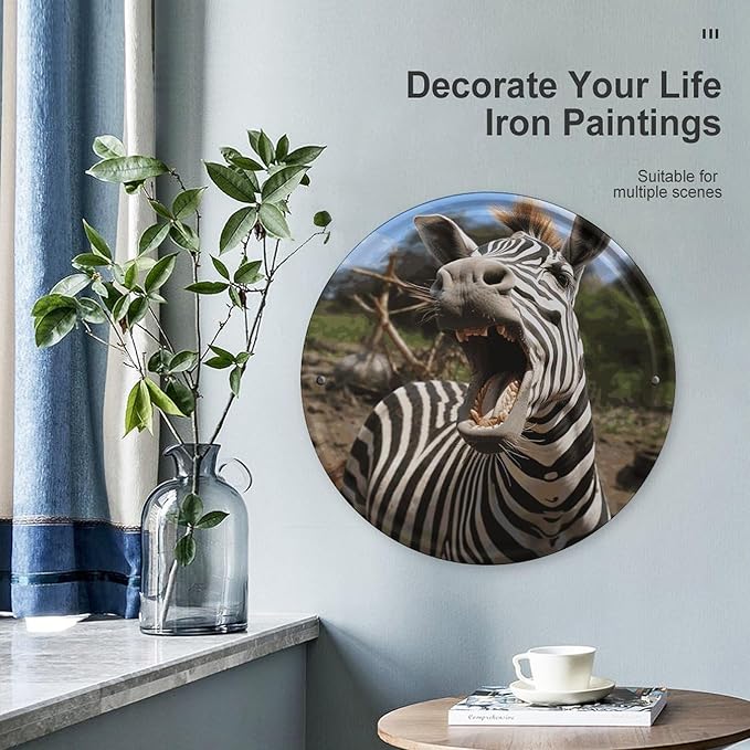 Wall Picture, with Funny Zebra Printed Circular Iron Hanging Picture,Wall Art Decor,Home for Bedroom Living Room Bathroom Decor,Iron Painting 11.8X11.8 in