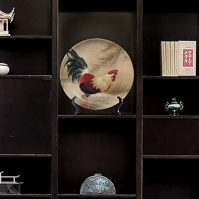 Rooster Decorative Plate Holder, 10 Inch, Rooster In The Reeds Round Display Plate, Table Top Plate Decor with Stand, for Home Kitchen Bedroom Decorative Ornaments