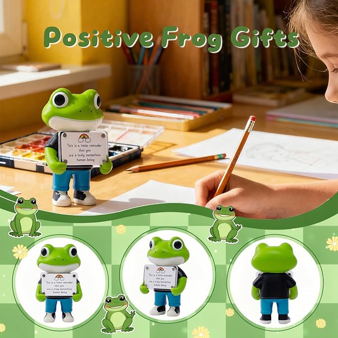 Positive Frog Figurine - 4.9" Tall Hand-Painted Resin Indoor Office Desk Decoration with Cute Motivational Sign, Funny Gift for Women Friends Bestie BFF Bestfriend Coworkers