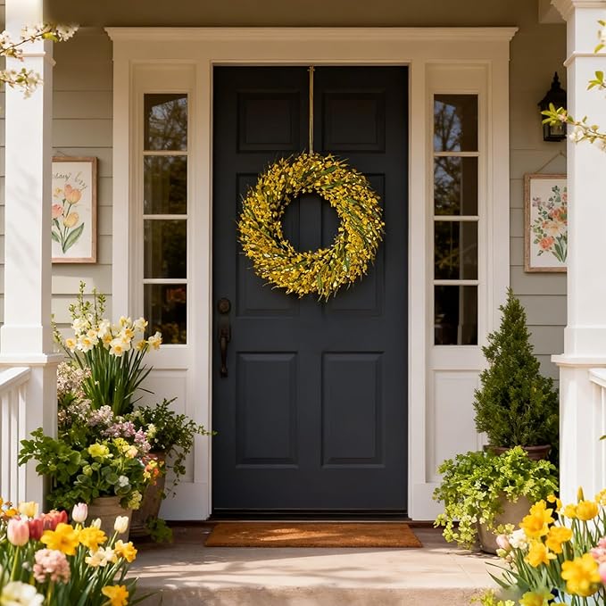 26 Inch Spring Wreaths for Front Door, Large Artificial Forsythia Flowers Wreath, Spring Summer Floral Wreath All Season for Home, Wall, Window, Porch, Wedding, Farmhouse Decor (Yellow)