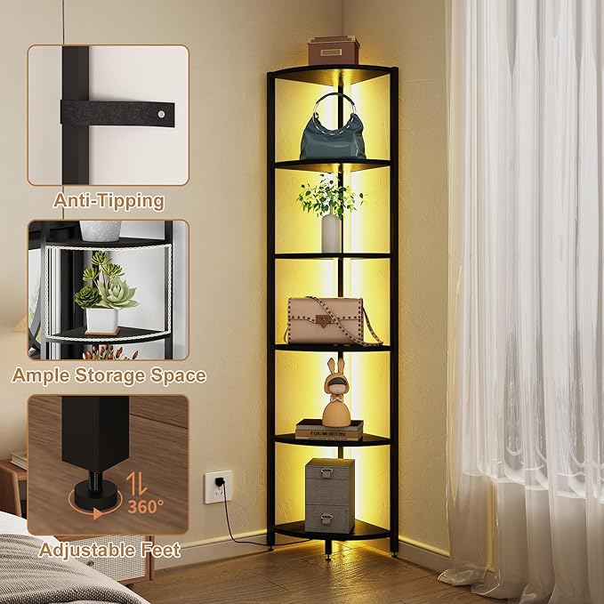 6-Tier Corner Shelf with LED Lights - 65" Tall Narrow Bookshelf, Standing Shelf with Storage Rack, Sturdy Metal Frame & Waterproof Shelves, Rustic Brown, for Living Room/Bedroom/Bathroom