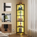6-Tier Corner Shelf with LED Lights - 65" Tall Narrow Bookshelf, Standing Shelf with Storage Rack, Sturdy Metal Frame & Waterproof Shelves, Rustic Brown, for Living Room/Bedroom/Bathroom