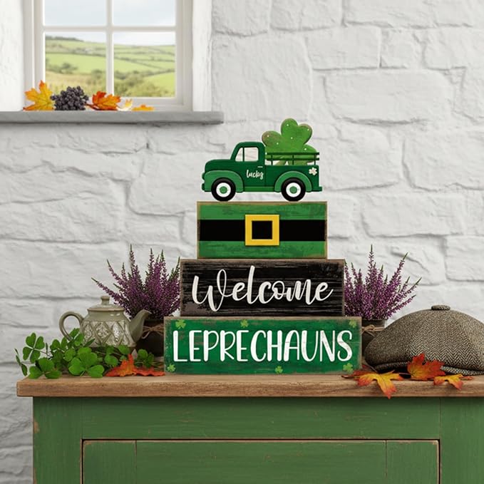 Lineshading 4 Pcs St Patricks Day Table Decor Leprechaun Wooden Stacked Blocks with Lucky Green Truck St. Patrick's Day Tiered Tray Decor Welcome Leprechauns Irish Centerpieces for Home Kitchen