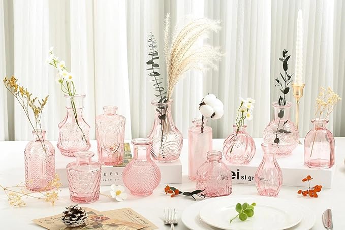 Mini Bud Vases Centerpieces for Tables,Clear Bud Vases for Flowers,Small Flower Vases Suitable for Birthday Party,Anniversary,Wedding Reception,Baby Shower (Pink, 12PCS)