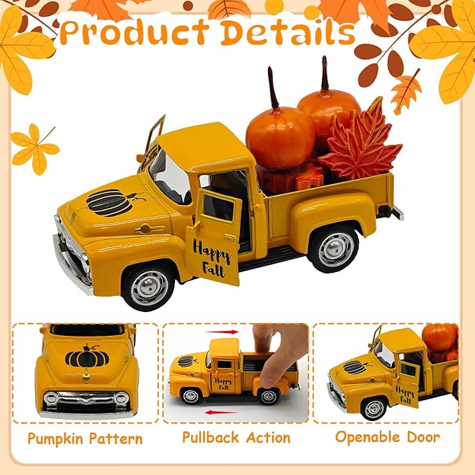 4.9″ Mini Fall Vintage Metal Pumpkin Truck Decor with Pumpkins and Maple Leaves - Fall Rustic Farmhouse Style Table Centerpiece, Thanksgiving & Autumn Havest Tiered Tray Decoration for Home Kitchen