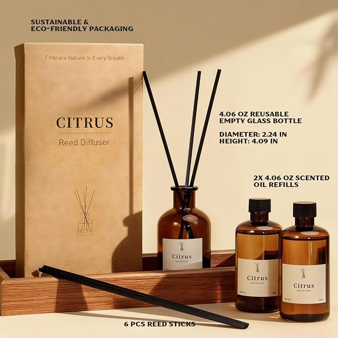 Reed Diffuser Set, 8.12 fl.oz Citrus Scent Oil Diffuser with Sticks, Long-Lasting Home Fragrance Reed Diffuser for Bathroom Shelf Decor, Air Freshener Room Diffuser