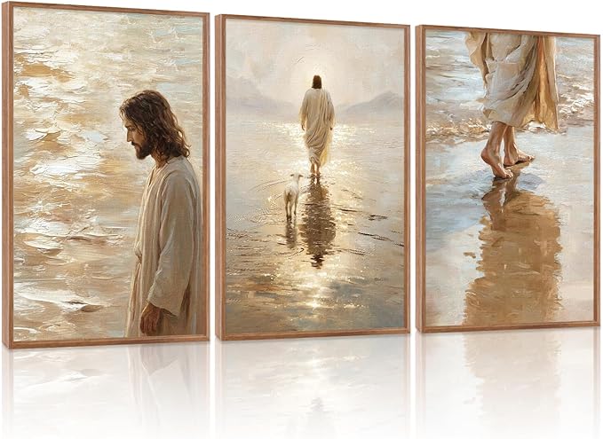 KAlRNE Jesus Walking On Water Wall Art Set of 3(24”X36”),Christian Bible Wall Decor,Neutral Spiritual Framed Canvas Paintings,Lost Sheep Art Prints For Living Room Bedroom Church Office