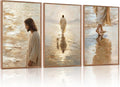 KAlRNE Jesus Walking On Water Wall Art Set of 3(24”X36”),Christian Bible Wall Decor,Neutral Spiritual Framed Canvas Paintings,Lost Sheep Art Prints For Living Room Bedroom Church Office
