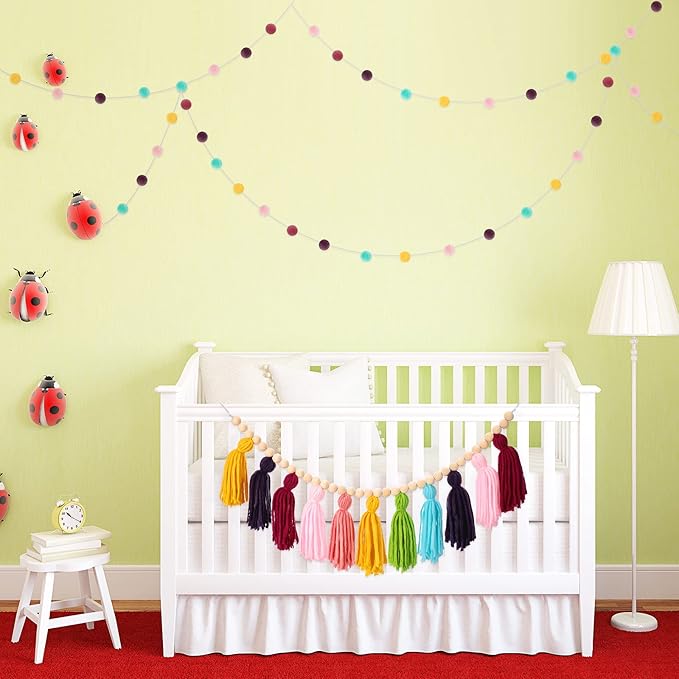 Syhood 3 Pcs Boho Tassel Garland Wall Hanging Decor 1 Boho Tassel Garland with Wood Beads and 2 Western Colorful Pom Pom Ball for Classroom Party Wedding Baby Shower Home Decorations(Fresh Colors)