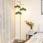 QIYIZM Glass Floor Lamp for Living Room,Bedroom,Mid Century Modern Standing Lamp Brass Tree 3 Light Tall Floor Lamps Vintage Retro Floor Lights Gold Green Flower Lamp Shade Farmhouse Boho Bohemian