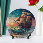 Decorative Plates, Ocean Sailing Ship at Sunset Painting Display Plate for Home Office Kitchen Table Decor Porcelain Plates 10 Inch, Birthday Gifts