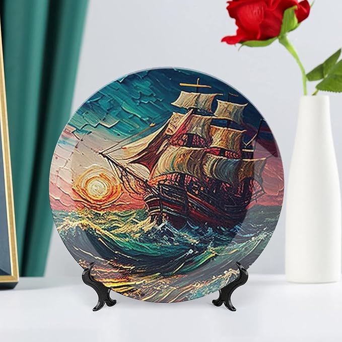 Decorative Plates, Ocean Sailing Ship at Sunset Painting Display Plate for Home Office Kitchen Table Decor Porcelain Plates 10 Inch, Birthday Gifts