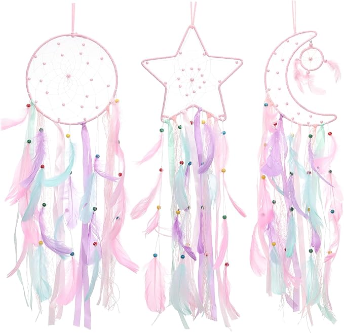 PATIKIL 28" Moon Sun Star Dream Catchers Set, Feather Handmade Dream Catchers Wall Hangings Art Decor for Home Wedding Bedroom Living Room Ornament,Pink