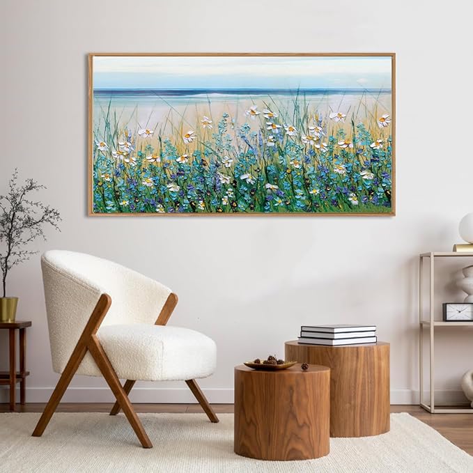 Large Blue Seaside Cyan Floral Wall Paintings Wildflowers Blossom Art Prints Framed Blue Flowers Artwork Floral Wall Art Wildflower Wall Pictures for Living Room Bedroom 20x40 Inch
